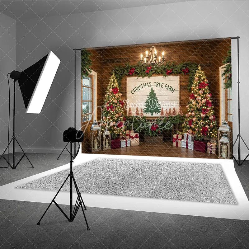 Aperturee - Aperturee Christmas Tree Farm Photography Backdrop Rustic Wood Sign with Poinsettia Farmhouse Holiday Background