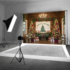 Aperturee - Aperturee Christmas Tree Farm Photography Backdrop Rustic Wood Sign with Poinsettia Farmhouse Holiday Background