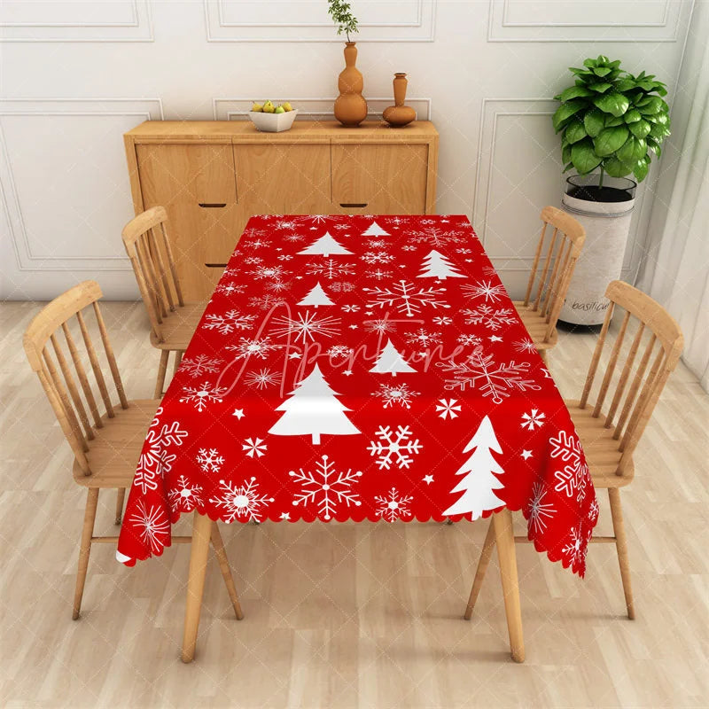 Aperturee - Aperturee Christmas Tree Rectangle Tablecloth Red with White Trees Snowflake Winter Holiday Table Cover Decor