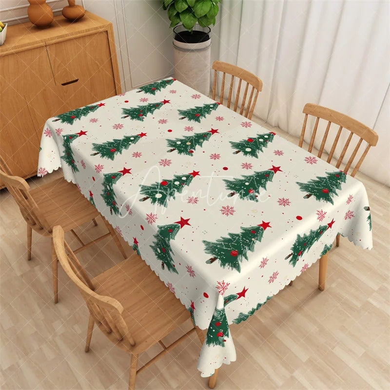 Aperturee - Aperturee Christmas Tree Rectangle Tablecloth White with Green Pine Trees Red Stars Snowflake Holiday Table Cover