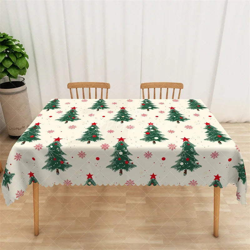 Aperturee - Aperturee Christmas Tree Rectangle Tablecloth White with Green Pine Trees Red Stars Snowflake Holiday Table Cover