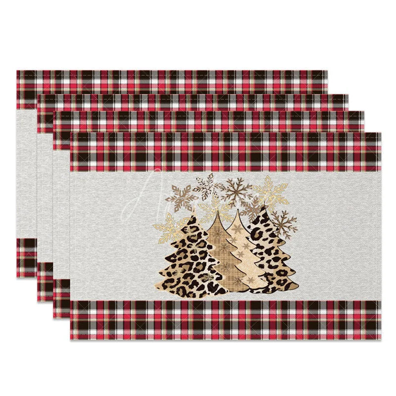 Aperturee - Aperturee Christmas Tree Set of 4 Placemats Leopard Print Plaid Trees Modern Farmhouse Holiday Table Mats