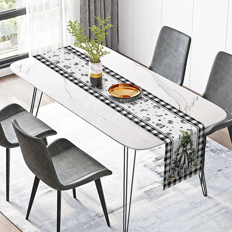 Aperturee - Aperturee Christmas Tree with White Bow Table Runner Black Buffalo Plaid Border Farmhouse Holiday Decor