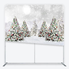 Aperturee - Aperturee Christmas Trees in Snow Tension Fabric Backdrop Winter Landscape with Ornaments and Snowflakes Background Holiday