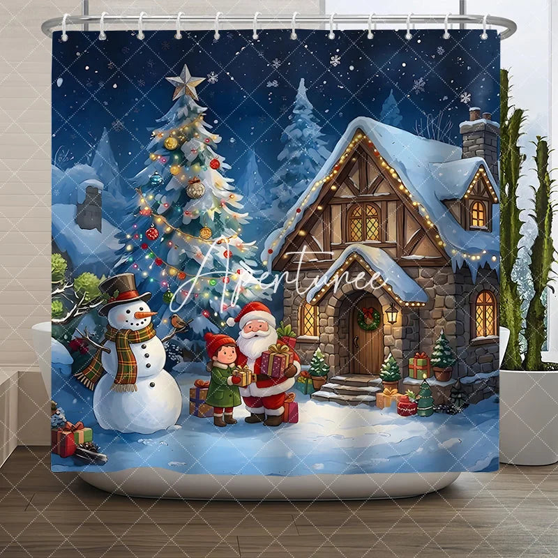 Aperturee - Aperturee Christmas Village Shower Curtain with Santa Claus Snowman and Gifts Festive Winter Holiday Decor