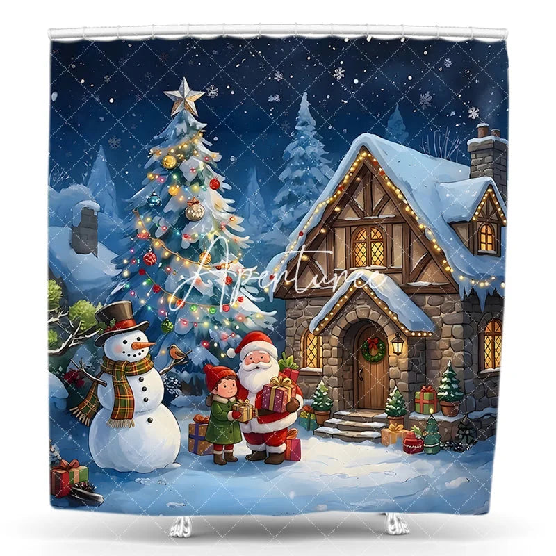 Aperturee - Aperturee Christmas Village Shower Curtain with Santa Claus Snowman and Gifts Festive Winter Holiday Decor