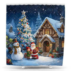 Aperturee - Aperturee Christmas Village Shower Curtain with Santa Claus Snowman and Gifts Festive Winter Holiday Decor
