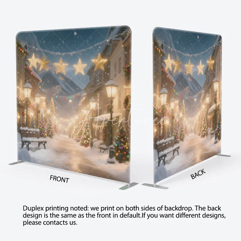 Aperturee - Aperturee Christmas Village Tension Fabric Backdrop Snowy Town Street with Lights Winter Holiday Photography Background