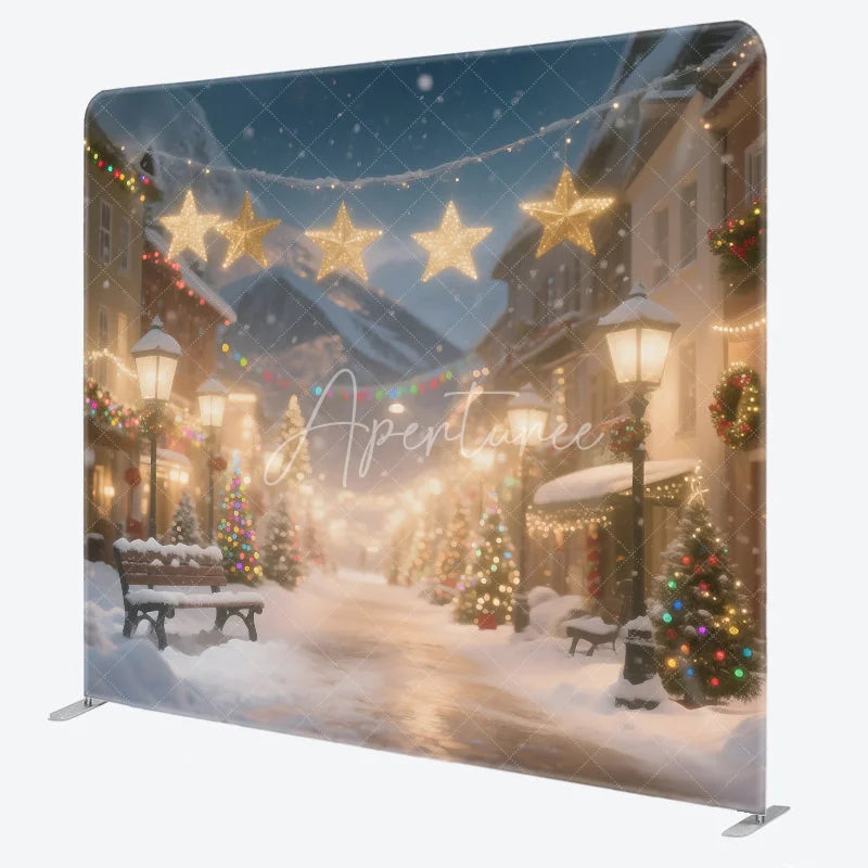Aperturee - Aperturee Christmas Village Tension Fabric Backdrop Snowy Town Street with Lights Winter Holiday Photography Background