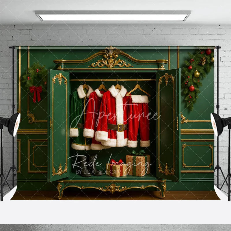 Aperturee - Aperturee Christmas Wardrobe Backdrop Santa Suit Elf Costume Closet Background North Pole Dressing Room Holiday Party Decoration