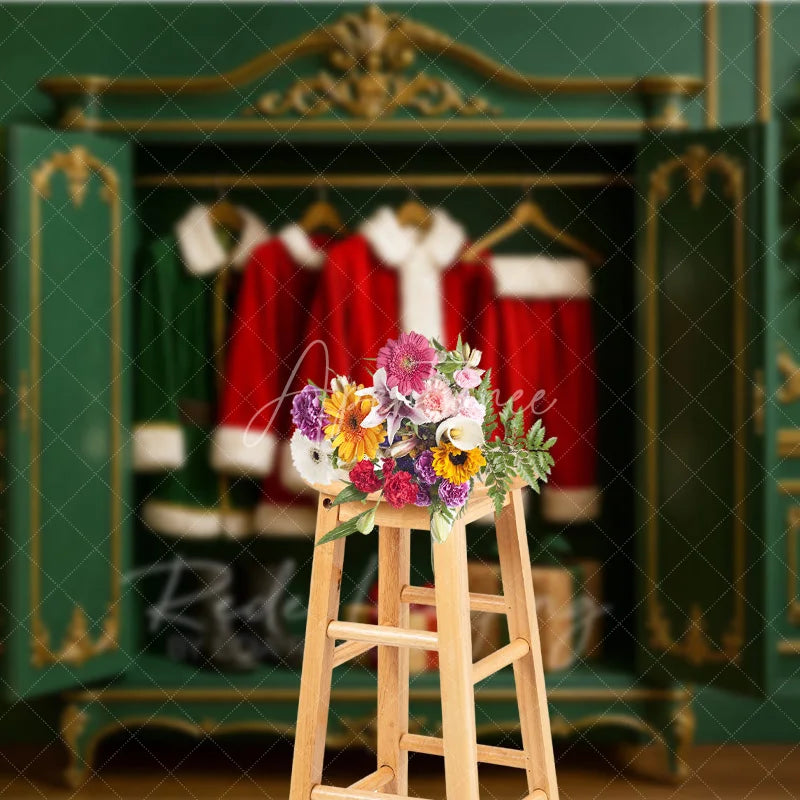 Aperturee - Aperturee Christmas Wardrobe Backdrop Santa Suit Elf Costume Closet Background North Pole Dressing Room Holiday Party Decoration