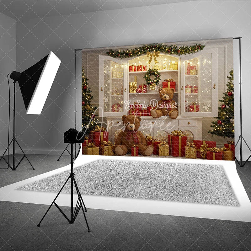 Aperturee - Aperturee Christmas White Cabinet Photography Backdrop Teddy Bears and Presents Display Farmhouse Holiday Photo Background