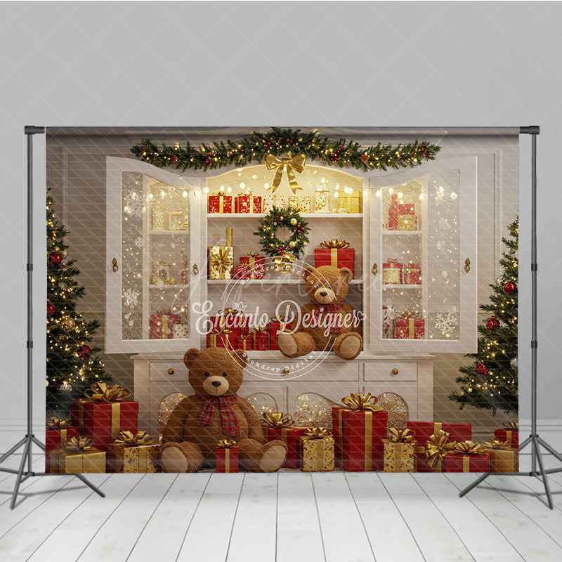 Aperturee - Aperturee Christmas White Cabinet Photography Backdrop Teddy Bears and Presents Display Farmhouse Holiday Photo Background