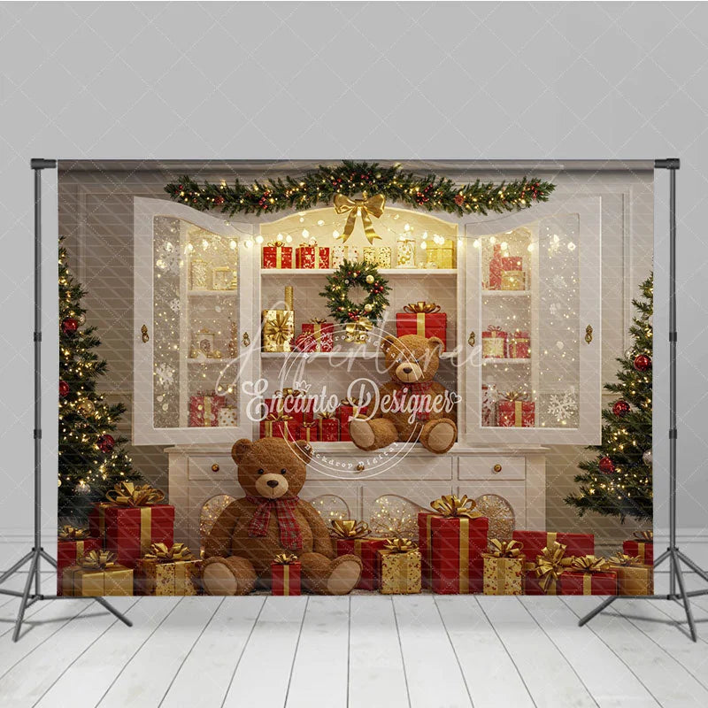 Aperturee - Aperturee Christmas White Cabinet Photography Backdrop Teddy Bears and Presents Display Farmhouse Holiday Photo Background