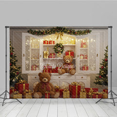 Aperturee - Aperturee Christmas White Cabinet Photography Backdrop Teddy Bears and Presents Display Farmhouse Holiday Photo Background