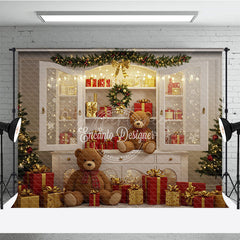 Aperturee - Aperturee Christmas White Cabinet Photography Backdrop Teddy Bears and Presents Display Farmhouse Holiday Photo Background
