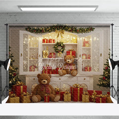 Aperturee - Aperturee Christmas White Cabinet Photography Backdrop Teddy Bears and Presents Display Farmhouse Holiday Photo Background