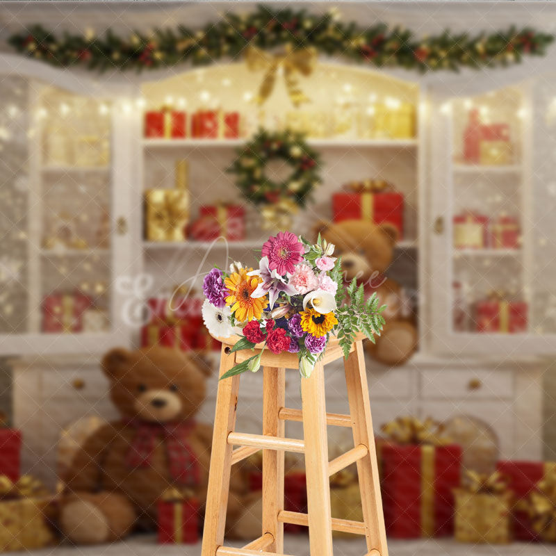 Aperturee - Aperturee Christmas White Cabinet Photography Backdrop Teddy Bears and Presents Display Farmhouse Holiday Photo Background