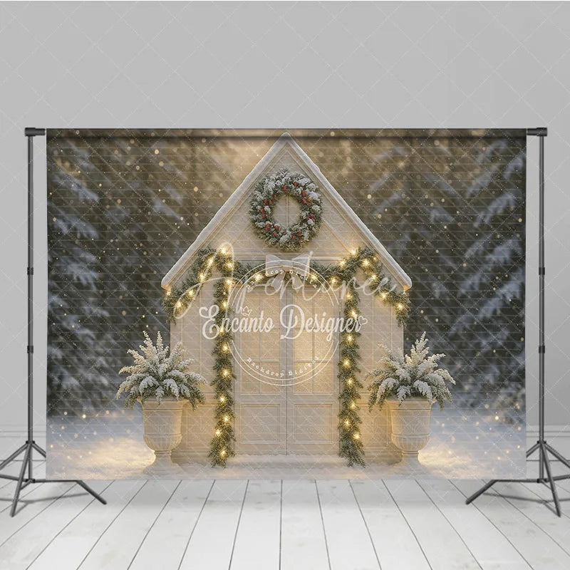 Aperturee - Aperturee Christmas White House Photography Backdrop Snowy Scene with Garland and Lights Holiday Mini Session Background