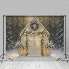 Aperturee - Aperturee Christmas White House Photography Backdrop Snowy Scene with Garland and Lights Holiday Mini Session Background