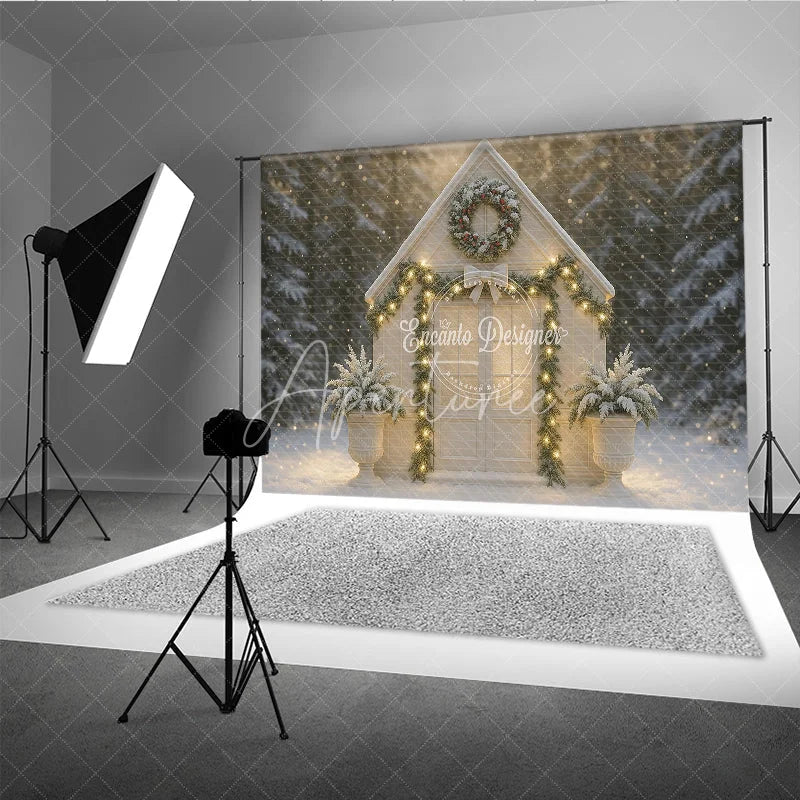 Aperturee - Aperturee Christmas White House Photography Backdrop Snowy Scene with Garland and Lights Holiday Mini Session Background