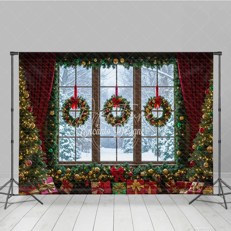 Aperturee - Aperturee Christmas Window Photography Backdrop Snowy View with Wreaths and Red Curtains Holiday Mini Session Background