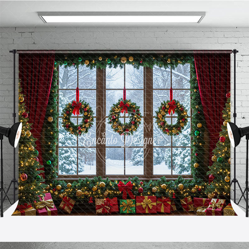 Aperturee - Aperturee Christmas Window Photography Backdrop Snowy View with Wreaths and Red Curtains Holiday Mini Session Background