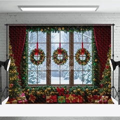 Aperturee - Aperturee Christmas Window Photography Backdrop Snowy View with Wreaths and Red Curtains Holiday Mini Session Background