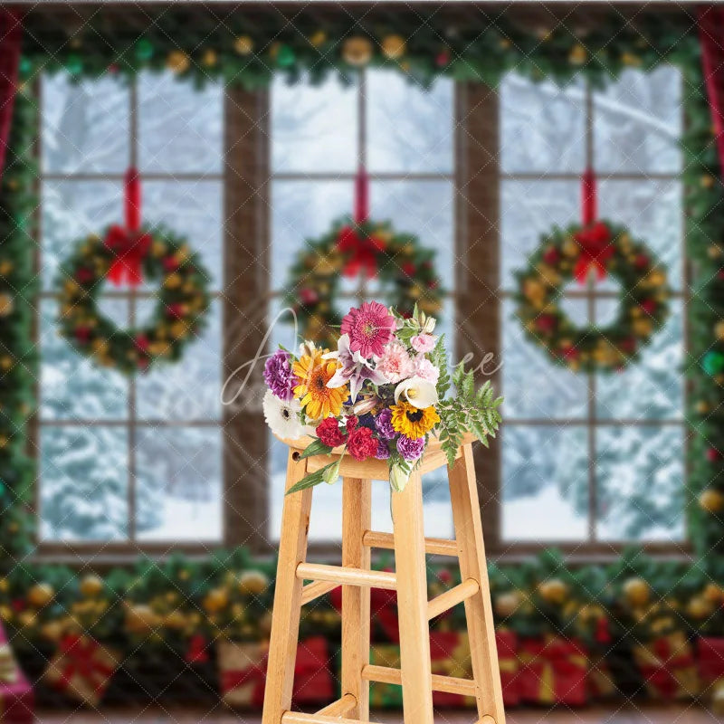 Aperturee - Aperturee Christmas Window Photography Backdrop Snowy View with Wreaths and Red Curtains Holiday Mini Session Background