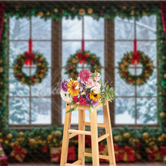 Aperturee - Aperturee Christmas Window Photography Backdrop Snowy View with Wreaths and Red Curtains Holiday Mini Session Background