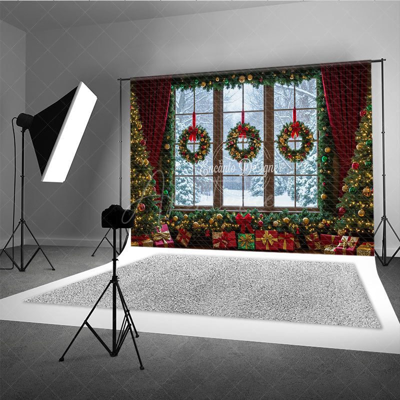Aperturee - Aperturee Christmas Window Photography Backdrop Snowy View with Wreaths and Red Curtains Holiday Mini Session Background
