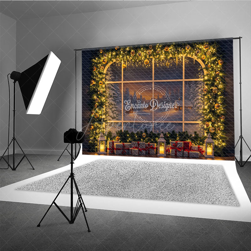 Aperturee - Aperturee Christmas Window Photography Backdrop Snowy Village View with String Lights Holiday Mini Session Background