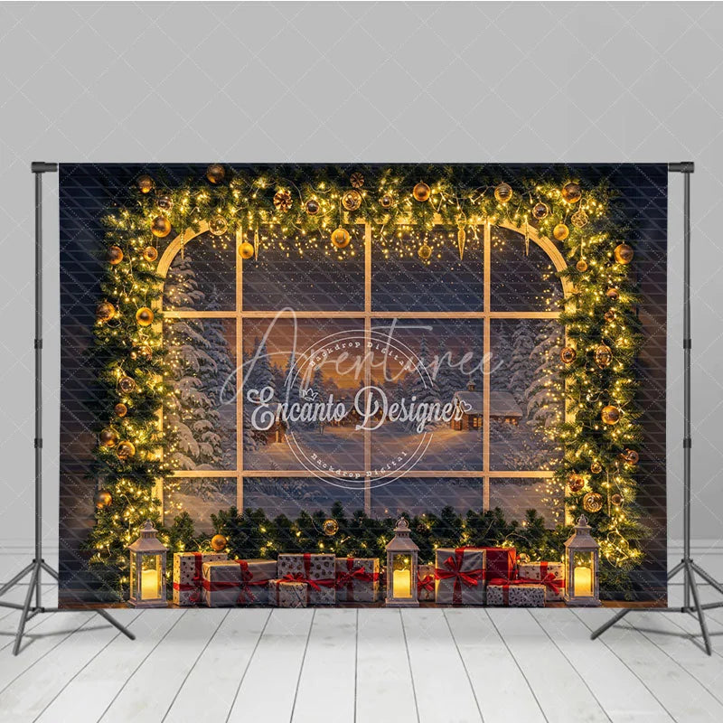 Aperturee - Aperturee Christmas Window Photography Backdrop Snowy Village View with String Lights Holiday Mini Session Background