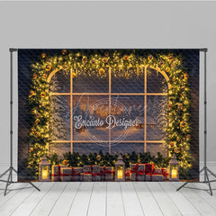 Aperturee - Aperturee Christmas Window Photography Backdrop Snowy Village View with String Lights Holiday Mini Session Background