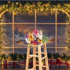 Aperturee - Aperturee Christmas Window Photography Backdrop Snowy Village View with String Lights Holiday Mini Session Background