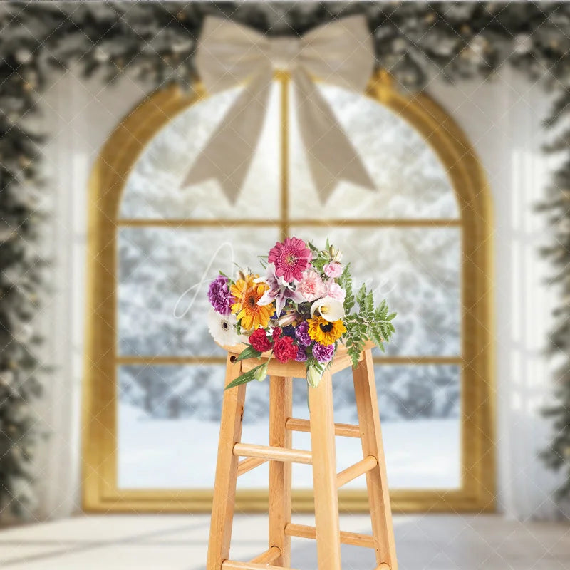 Aperturee - Aperturee Christmas Window Photography Backdrop with Snowy View Elegant White Bow and Flocked Garland Winter Photo Background