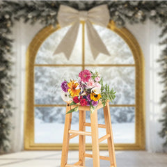 Aperturee - Aperturee Christmas Window Photography Backdrop with Snowy View Elegant White Bow and Flocked Garland Winter Photo Background