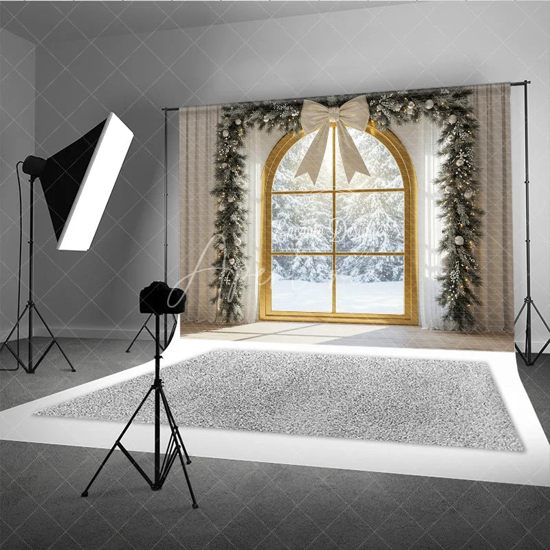 Aperturee - Aperturee Christmas Window Photography Backdrop with Snowy View Elegant White Bow and Flocked Garland Winter Photo Background