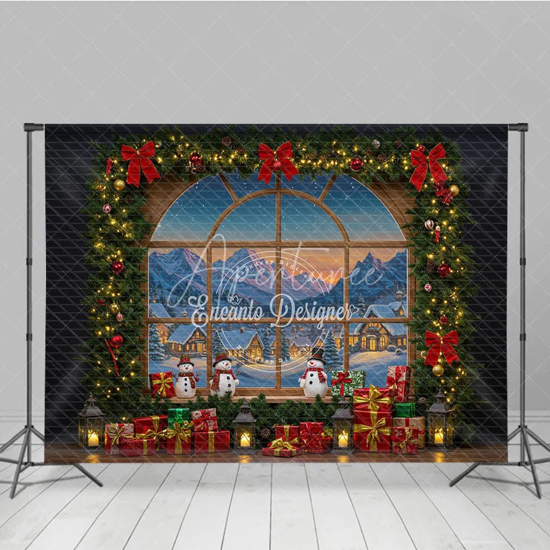 Aperturee - Aperturee Christmas Window Photography Backdrop with Snowy Village View Snowmen and Garland Holiday Photo Background