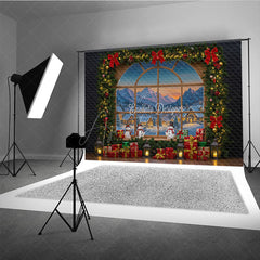 Aperturee - Aperturee Christmas Window Photography Backdrop with Snowy Village View Snowmen and Garland Holiday Photo Background
