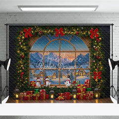 Aperturee - Aperturee Christmas Window Photography Backdrop with Snowy Village View Snowmen and Garland Holiday Photo Background
