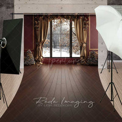 Aperturee Aperturee Christmas Window Sweep Photography Backdrop with Wood Floor Elegant Room with Snowy View Holiday Portrait Studio Prop