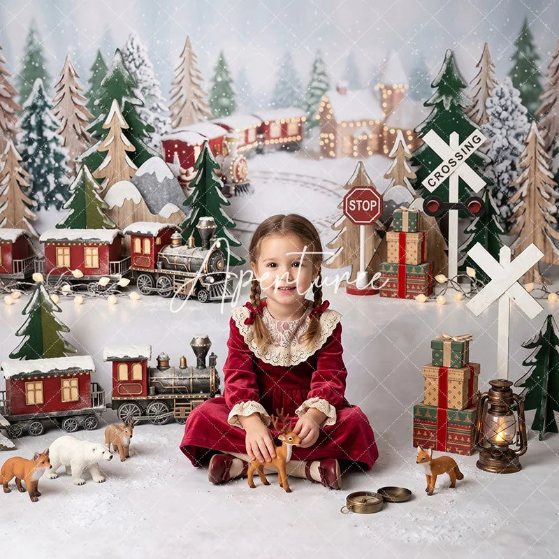 Aperturee - Aperturee Christmas Winter Wonderland Train Combo Set Backdrop Festive Snowy Village Holiday Party Decor