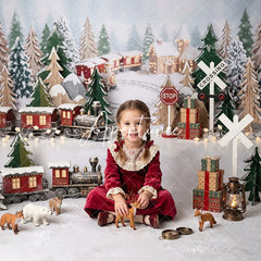 Aperturee - Aperturee Christmas Winter Wonderland Train Combo Set Backdrop Festive Snowy Village Holiday Party Decor