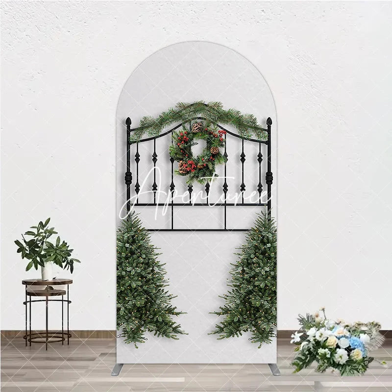 Aperturee - Aperturee Christmas Wreath Pine Garland Round Top Arch Backdrop Elegant Black Metal Festive Holiday Decor