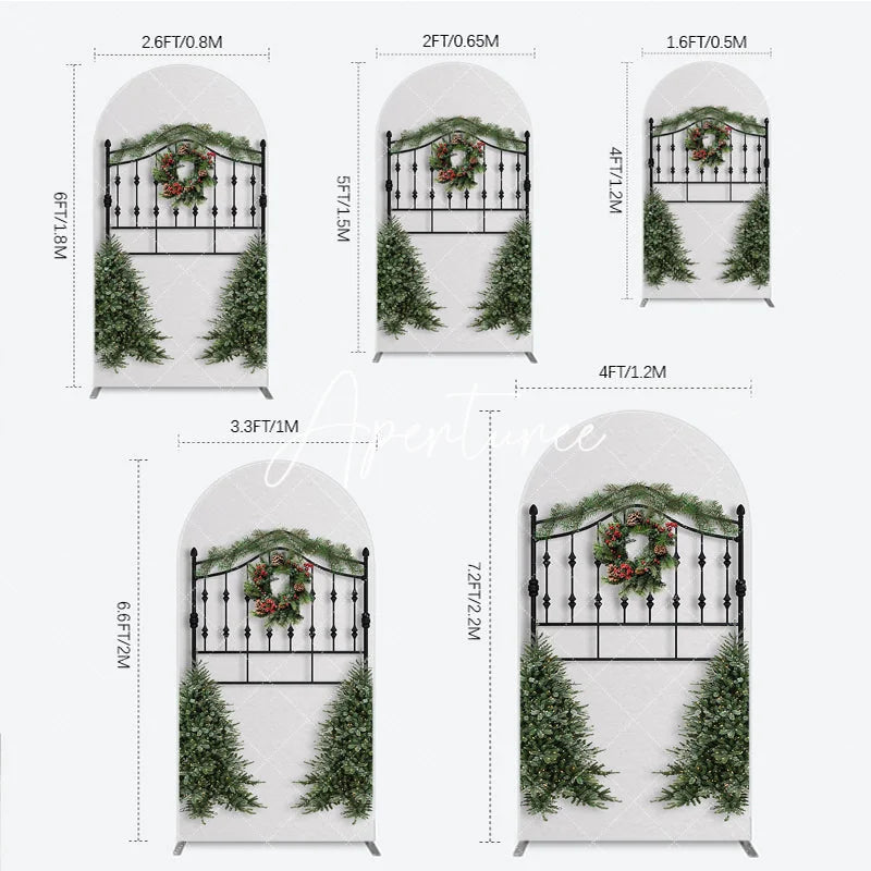 Aperturee - Aperturee Christmas Wreath Pine Garland Round Top Arch Backdrop Elegant Black Metal Festive Holiday Decor