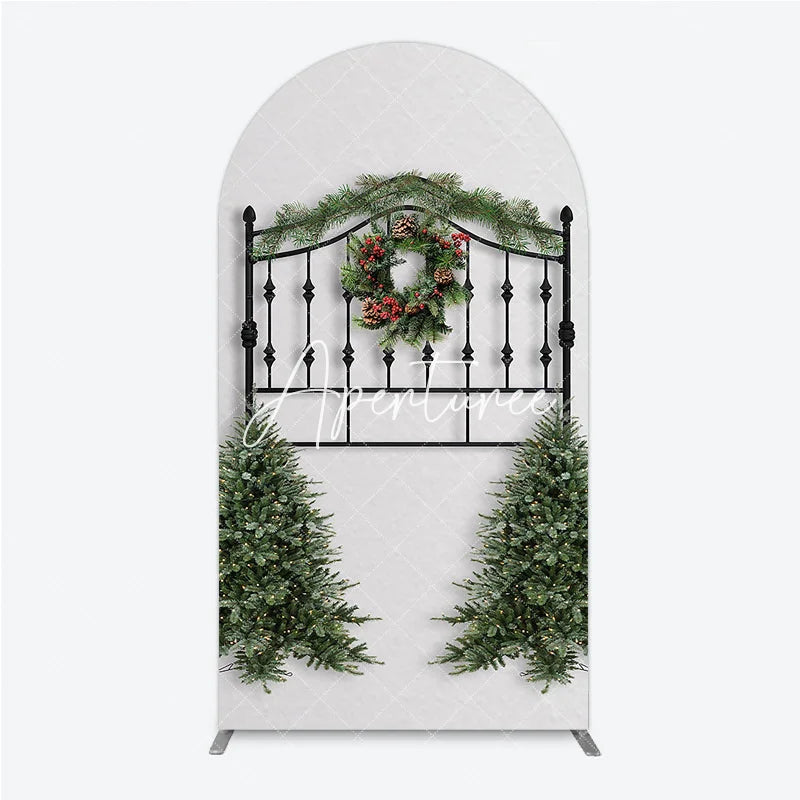 Aperturee - Aperturee Christmas Wreath Pine Garland Round Top Arch Backdrop Elegant Black Metal Festive Holiday Decor