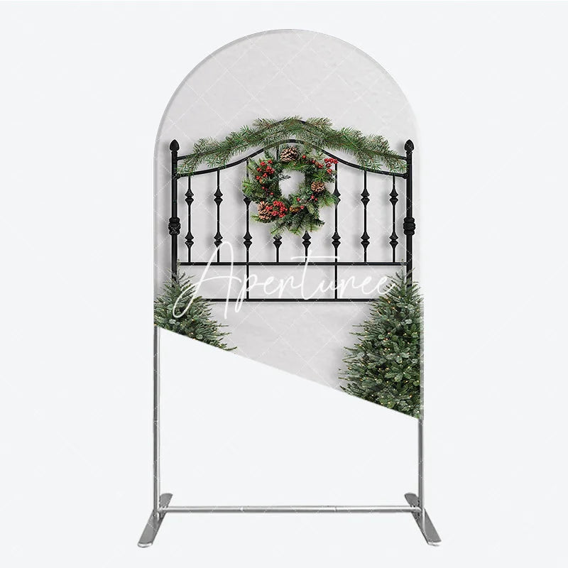Aperturee - Aperturee Christmas Wreath Pine Garland Round Top Arch Backdrop Elegant Black Metal Festive Holiday Decor