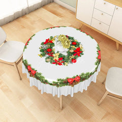 Aperturee - Aperturee Christmas Wreath Round Tablecloth with Red Bows and Bells Simple White Holiday Dining Table Decor