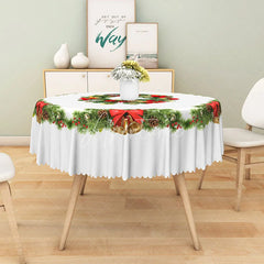 Aperturee - Aperturee Christmas Wreath Round Tablecloth with Red Bows and Bells Simple White Holiday Dining Table Decor